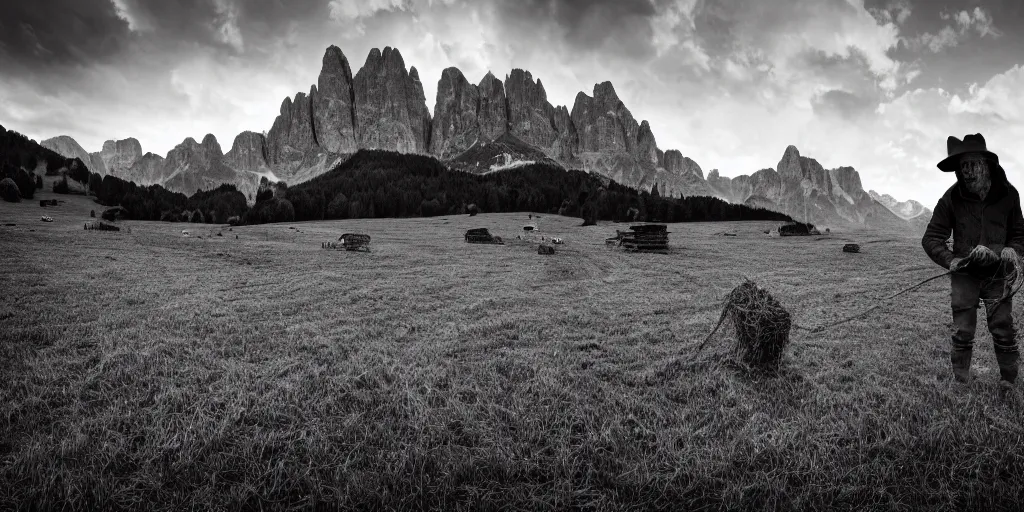 Prompt: alpine farmer turning into hay and root monster, old pastures, dolomites in background, dark, eerie, despair, portrait photography, artstation, highly detailed, sharp focus, by cronneberg