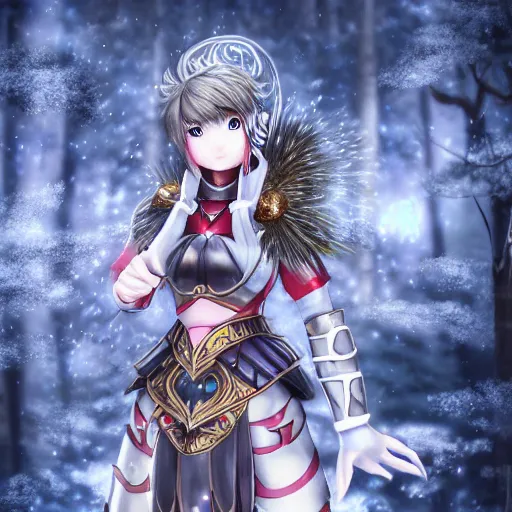 Image similar to portrait focus of knight beautiful 3D anime girl, mushrooms armor wearing, dark forest background, snowing, bokeh, inspired by Masami Kurumada, digital painting, high contrast, unreal engine render, volumetric lighting, high détail