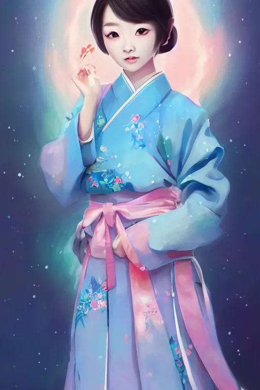 Image similar to pretty korean woman wearing beatiful hanbok, face by artgerm, bright pastel colors, studio ghibli painterly style, trending on artstation, tarot card