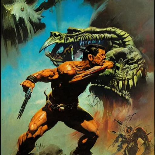 Image similar to turok cover art by frank frazetta