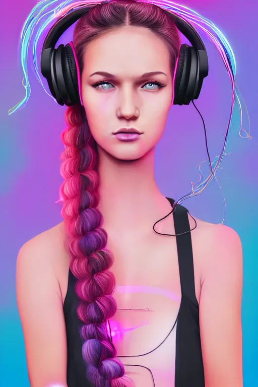 Image similar to a award winning half body portrait of a beautiful woman with stunning eyes in a croptop and cargo pants with ombre purple pink teal hairstyle with headphones on her ears by thomas danthony, surrounded by whirling illuminated lines, outrun, vaporware, shaded flat illustration, digital art, trending on artstation, highly detailed, fine detail, intricate