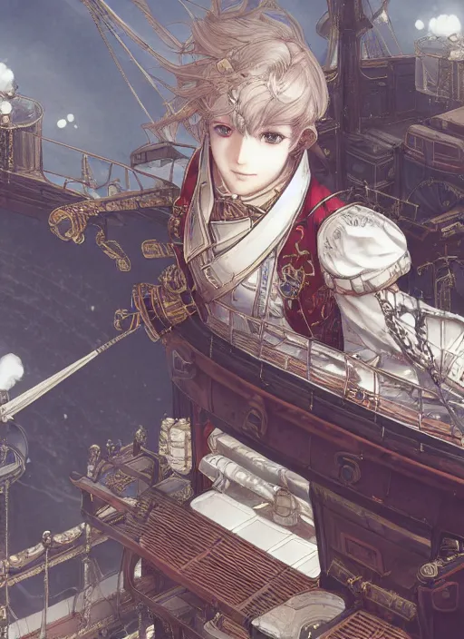 Image similar to character portrait of the white herald on the deck of an imperial airship in the sky, hidari, color page, tankoban, 4K, tone mapping, Akihiko Yoshida.