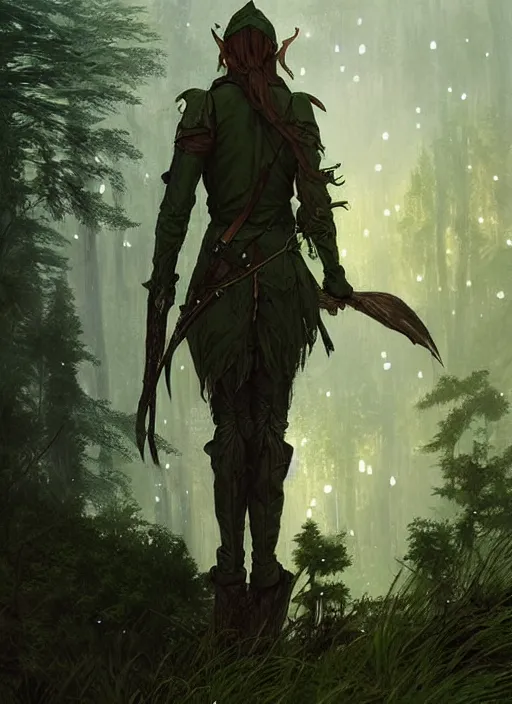 Image similar to elven soldier wearing a dark green tunic with a shield on his back standing at a forest looking for adventure in the mountains, tall trees, landscape is lush, moody sunset in background, greg rutkowski, alphonse mucha, trending on artstation, artgerm, unreal engine, breathtaking, award winning, highly detailed