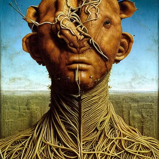 Image similar to half boy half rhino made of spaghetti, by giuseppe arcimboldo and ambrosius benson, renaissance, intricate and wet oil paint, a touch of beksinski, realistic