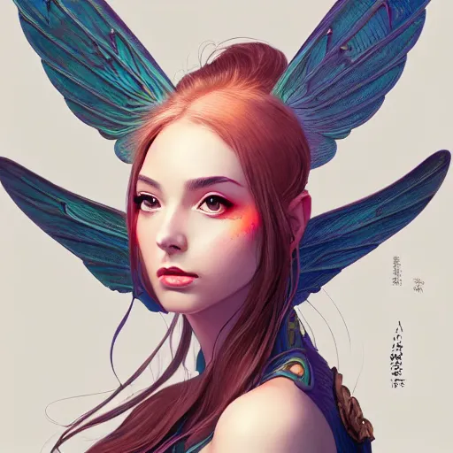 Image similar to 3 / 4 view of a portrait of woman with bird wings, confident pose, pixie, genshin impact,, intricate, elegant, sharp focus, illustration, highly detailed, concept art, matte, trending on artstation, anime, bright colors, art by wlop and artgerm and greg rutkowski, marvel comics h 6 4 0