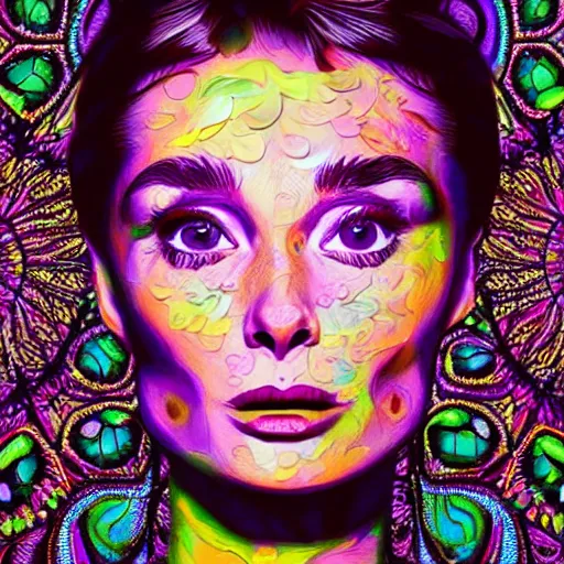 Image similar to An extremely psychedelic portrait of Audrey Hepburn, surreal, LSD, face, detailed, intricate, elegant, lithe, highly detailed, digital painting, artstation, concept art, smooth, sharp focus, illustration