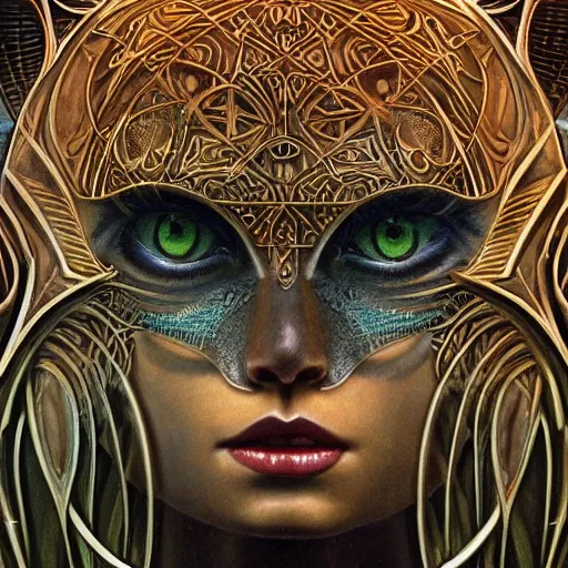 Prompt: beautiful closeup portrait of an art deco witch, glowing eyes. reflective detailed textures, moth wings, highly detailed dark fantasy science fiction painting by michael whelan and diego rivera and annie swynnerton and jean delville, elaborate geometric ornament, ancient runes, silver and cool colors. artstation