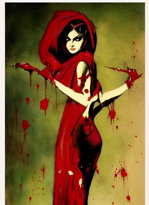 Prompt: svelt iranian vampiress, jeweled veil, strong line, saturated color, beautiful! coherent! by frank frazetta, high contrast, minimalism, blood splatter background