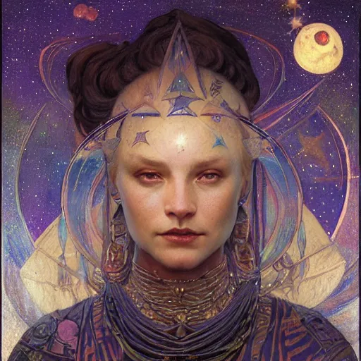 Image similar to queen of the moon with stars in her hair, by annie swynnerton and tino rodriguez and donato giancola and nicholas roerich and jean delville and diego rivera and charlie bowater, dramatic lighting, god rays, geometric tattoos, rich colors, smooth sharp focus, extremely detailed, adolf wolfli