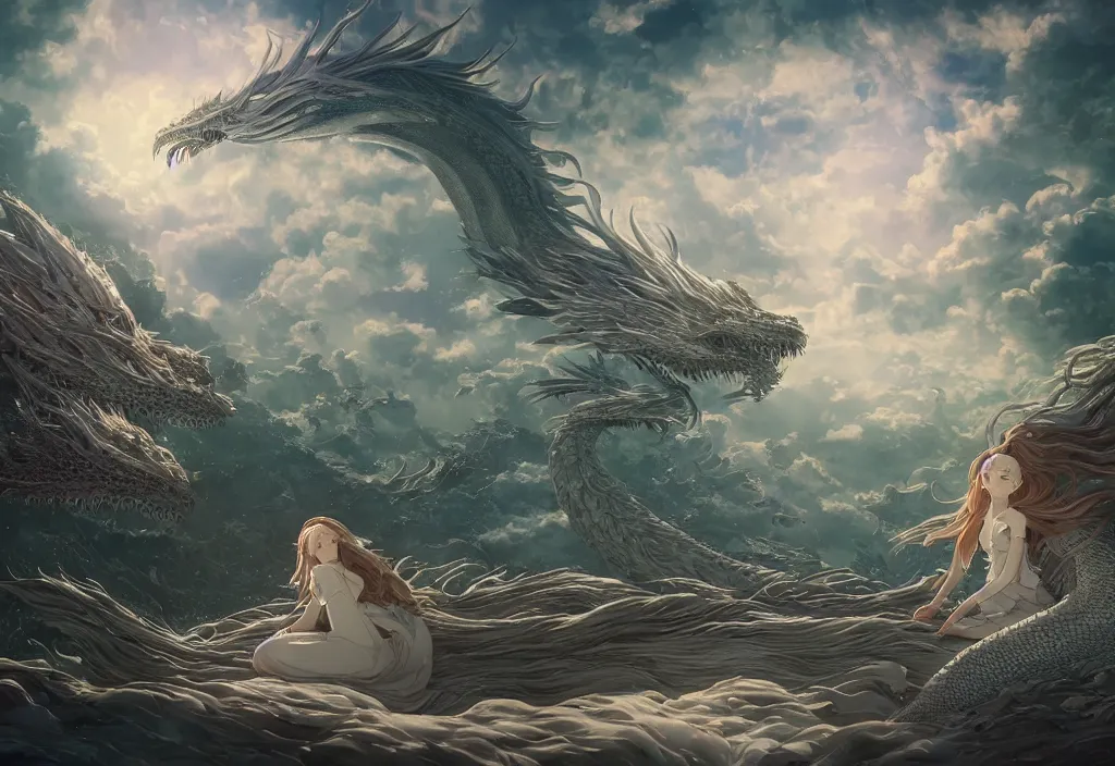 Prompt: the beautiful hyper detailed scene render that a beautiful girl lies in the arms of a huge silver dragon alone in the fairyland surrounded by white clouds, in the style of makoto shinkai victo ngai and peter mohrbacher studio ghibli artgerm karol bak beeple, animation style, 8 k hd, dream, ultra wide angle, animation style