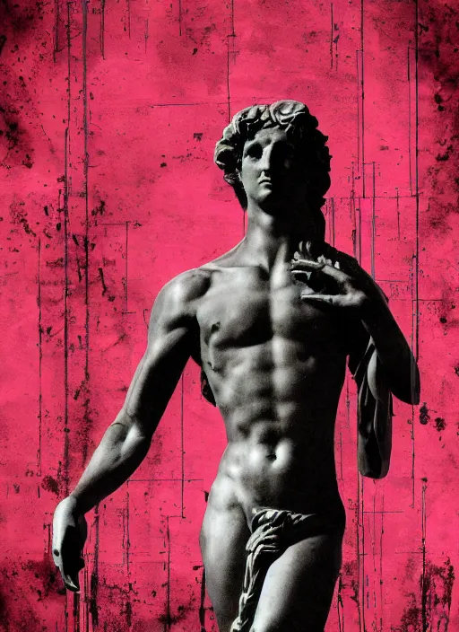 Image similar to dark design poster showing a beautiful greco roman statue, black background with very subtle red and purple design elements, powerful, nekro, vito acconci, thin straight lines, dark, glitch art, neo vaporwave, gritty, layout frame, square, trending on artstation