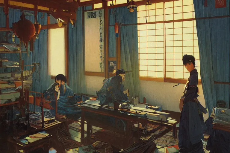 Image similar to japanese samurai working in a 6 0'office, late afternoon by tsviatko kinchev, makoto shinkai, linda wilder, alphonse mucha, oil painting, ultra detailed