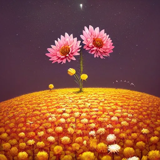 Image similar to by Gediminas Pranckevicius, Not often, but occasionally. A star is born in a flower. Nestled in a soft bed of pollen and petals it can grow in the most unlikely of places. Just waiting for a lucky creature to find it,night star sky background Galaxys, red and yellow flower