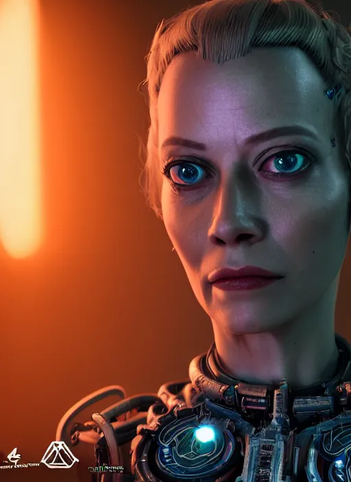 Image similar to 35mm portrait of a 7 of 9 borg with eye implant, on the background of a weird magical mechanical forest. Round gears visible inside her hear. Very detailed 8k. Fantasy cyberpunk horror. Sharp. Unreal 5 render with nanite, global illumination and path tracing. Cinematic post-processing