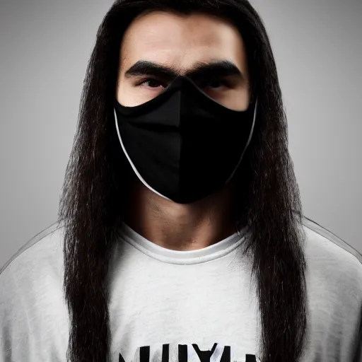 Image similar to professional digital art of a young adult man with slightly long hair wearing a black face mask and a form-fitting dark sweatshirt with dark sweatpants, high quality, HD, 8K, highly detailed, award-winning, fantasy, quiet