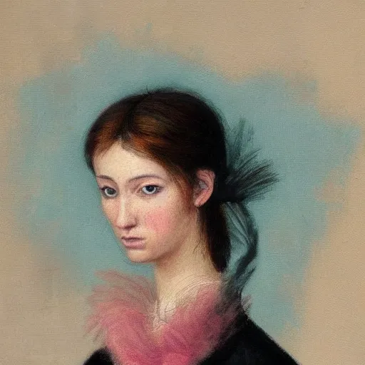 Image similar to highly detailed romantic painted portrait of a modern woman. moody and melanchony. has a bit of cyan and pink. masterpiece