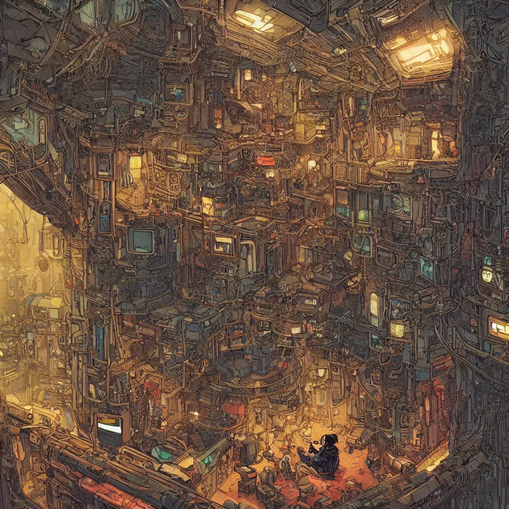 Image similar to Stunningly intricate illustration of a cyberpunk explorer playing video games in his treehouse, highly detailed, midnight, by Laurie Greasley,James Gilleard and Moebius,