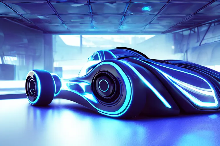 Image similar to cyberpunk tron concept inspired car, futuristic look, highly detailed body, aerodynamic body, photorealistic camera shot, bright studio setting, studio lighting, crisp quality and light reflections, unreal engine 5 quality render