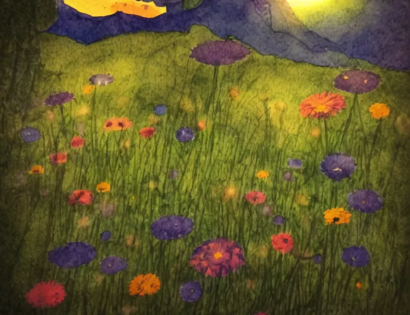 Image similar to dusk at the alpine meadow. color ink wash by beloved children's book illustrator, chiaroscuro, bokeh, backlighting, intricate details