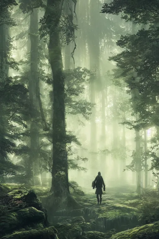 Image similar to A beautiful forest with a giant walking in the far distance by Greg Rutkowski, Sung Choi, Mitchell Mohrhauser, Maciej Kuciara, Johnson Ting, Maxim Verehin, Peter Konig, final fantasy , 8k photorealistic, cinematic lighting, HD, high details, atmospheric,