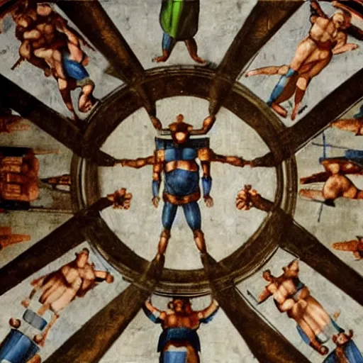 Image similar to realistic biblical painting of the robot uprising, historic depiction, on the ceiling of the sistine chapel, by michelangelo