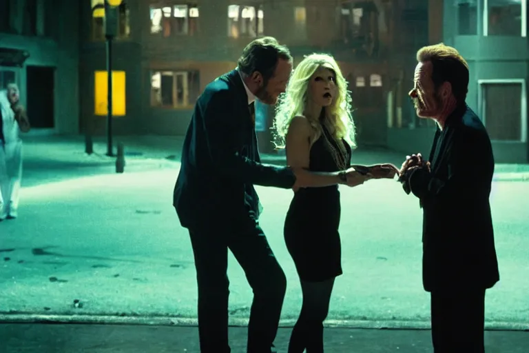 Image similar to film still of bryan cranston and kesha in cosmic horror! the musical by david cronenberg, budapest street background, 3 5 mm film, atmospheric, ultra fine detail, film grain, photorealistic, hyperrealistic