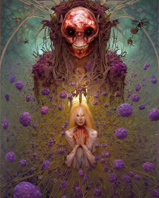 Image similar to the platonic ideal of flowers, rotting, insects and praying of cletus kasady carnage davinci dementor wild hunt chtulu mandelbulb mandala ponyo the witcher, d & d, fantasy, ego death, decay, dmt, psilocybin, concept art by randy vargas and greg rutkowski and ruan jia and alphonse mucha