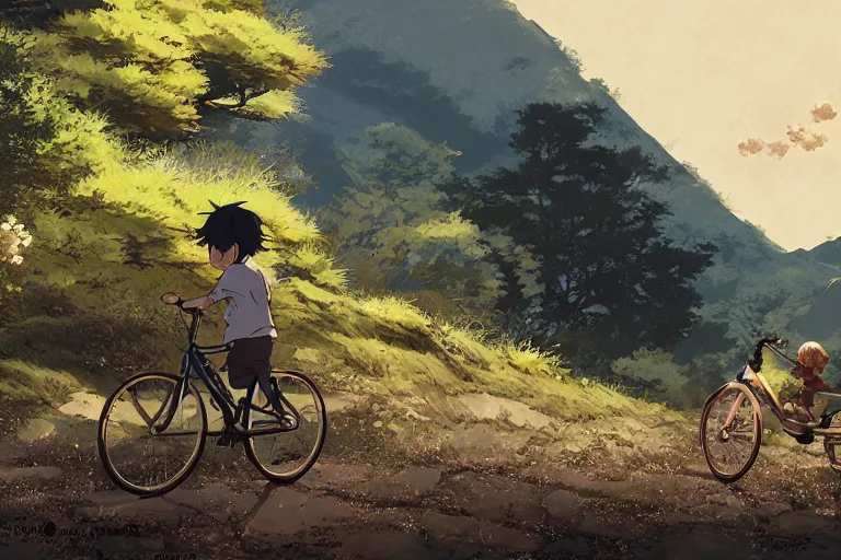 Prompt: a boy riding his bike alone through the mountains of rural japan, high intricate details, rule of thirds, golden ratio, cinematic light, anime style, graphic novel by fiona staples and dustin nguyen, by beaststars and orange, peter elson, alan bean, studio ghibli, makoto shinkai