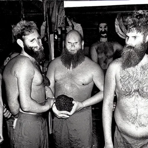 Prompt: secret photos of a cult hidden underground in brisbane. everyone must not wear pants, only shirts, all their hair is shaved off but beards are aloud. you must carry a large vegetable at all times. very creepy photos of this strange cult in the year 1 9 9 7