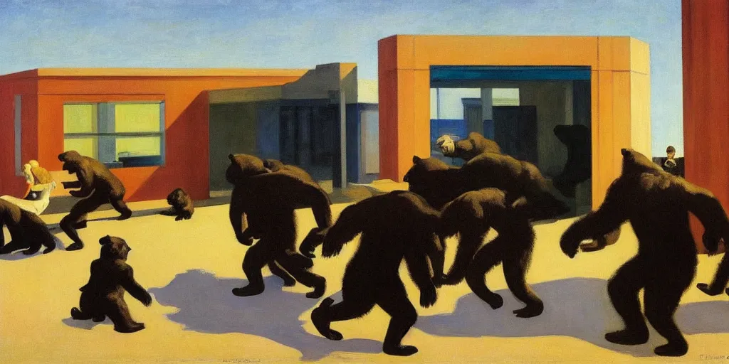 Image similar to edward hopper's painting, of a group of werebears robbing a bank