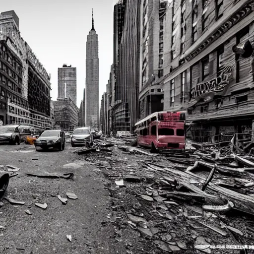 Image similar to new york abandoned attacked by giant worm, post apocalyptic, damage road