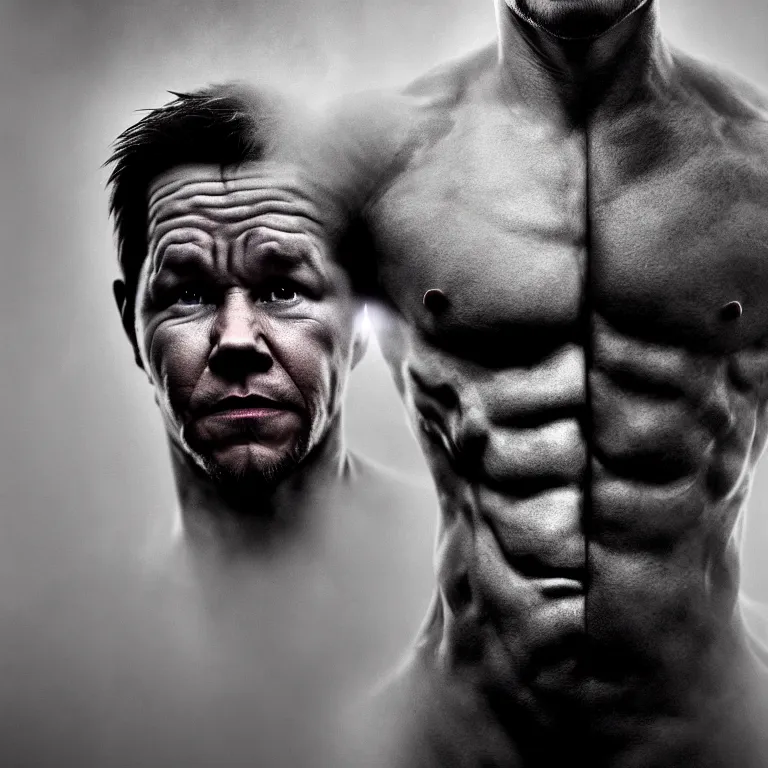 Image similar to portrait of mark wahlberg covered with ribs white mechanical spines white muscle tissue ribbed spiky horns, lucid dream - like heavy atmosphere, baroque painting, harsh flash photo, perfect composition, detailed octane render trending on artstation, 8 k artistic photography, volumetric cinematic perfect light, chiaroscuro, masterpiece, raphael, caravaggio, beksinski, rutkowsk