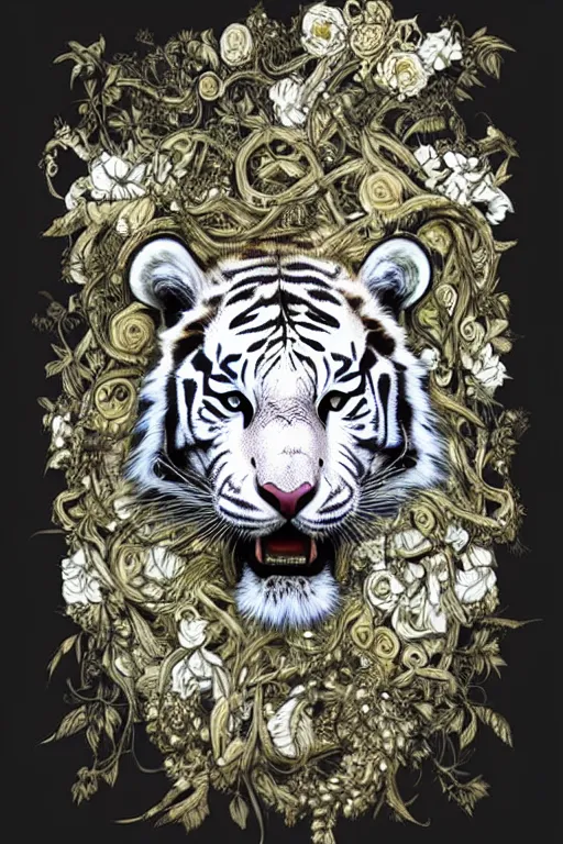 Image similar to ultra realistic full - body white tiger wrapped in vines and white flowers + black paper + elements + white + gold + cyan + baroque + rococo + ink, marc simonetti, paul pope, peter mohrbacher, detailed, intricate ink illustration