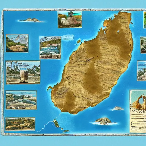 Prompt: recently rediscovered map of ancient Australia, 8k scan, colorized