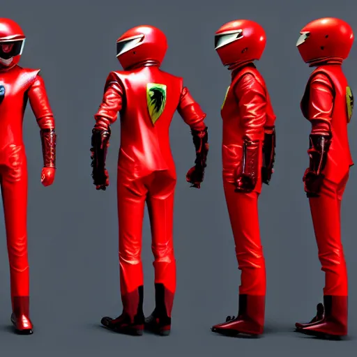 Image similar to Tokusatsu character based on Ferrari, red mechanical skinny body, chest plate with Ferrari logo, stylized motorcycle helmet, full body, unreal engine, 3D model