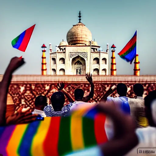 Prompt: photo of crowd of men with rainbow flags dancing at ( ( ( ( taj mahal ) ) ) ), well framed, sharp focus, 8 k, beautiful, award winning photo, highly detailed, intricate, centered