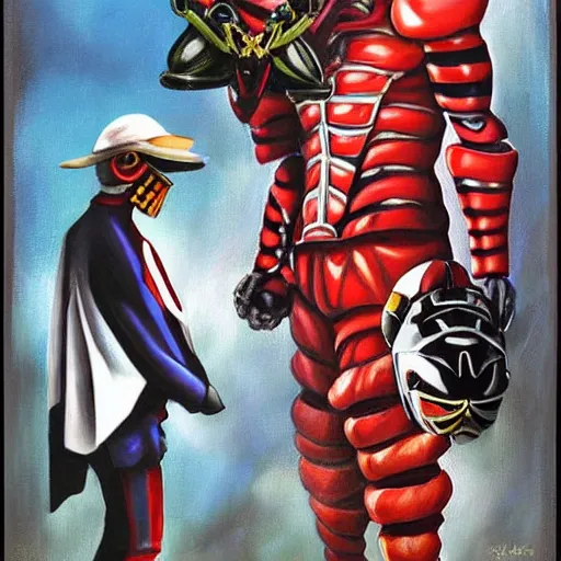 Image similar to a realistic painting by Raffaello Sanzi depicting the Kamen Rider Kuuga with the head of the symbiotic Freddy Krueger in the Renaissance.