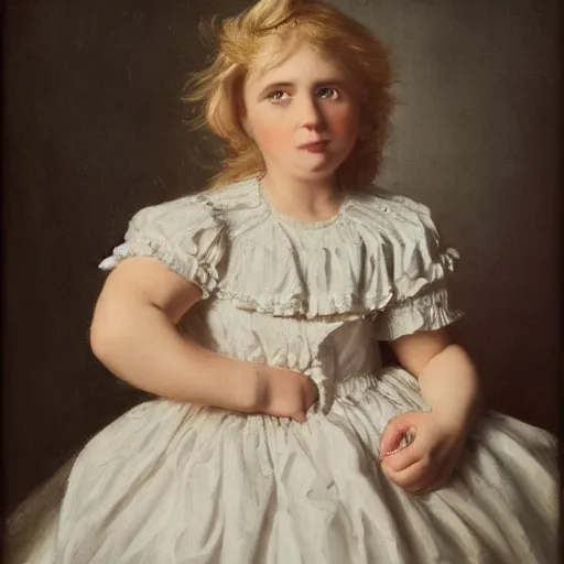 Prompt: A portrait of a grumpy young girl in a frilly dress