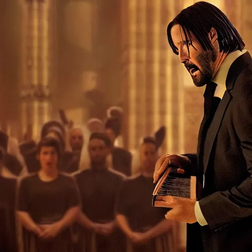 Image similar to cinematic still of John Wick singing on stage holding a Bible in John Wick (2009). loud singing. church choir behind. heavenly lighting. shallow depth of field, cinematic