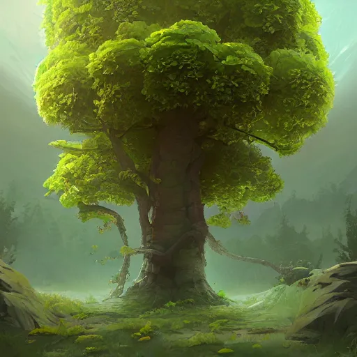 Image similar to ilustration a tree with green roses growing in the center, characterized by roman shipunov, etienne hebinger, atey ghailan, cgsociety, fantasy art, 2 d game art