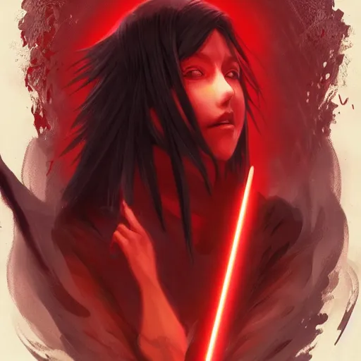 Image similar to itachi uchiha, red glowing eyes, intricate, elegant, highly detailed, digital painting, artstation, concept art, smooth, sharp focus, illustration, art by artgerm and greg rutkowski and alphonse mucha