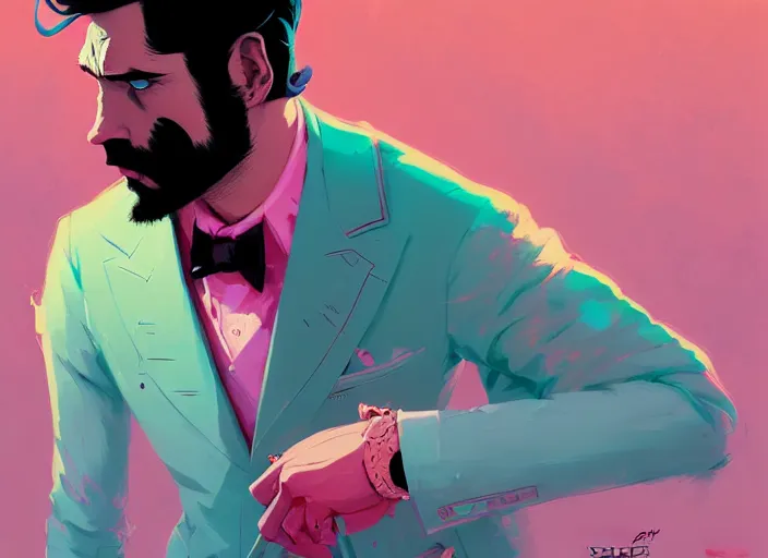 Prompt: detailed portrait of the elegant man, pistol, in the style of rob lefield and dan mumford, epic gradient, by atey ghailan, by greg rutkowski, by greg tocchini, by james gilleard, by joe fenton, by kaethe butcher, gradient pink turquoise, graffiti tag, 8 k, black and yellow color scheme, grunge aesthetic.