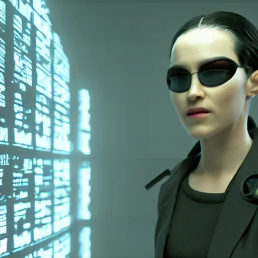 Image similar to a hyperrealistic 3D octane render of Neo from the Matrix using a telepgraph machine, photorealistic, 8k, unreal engine