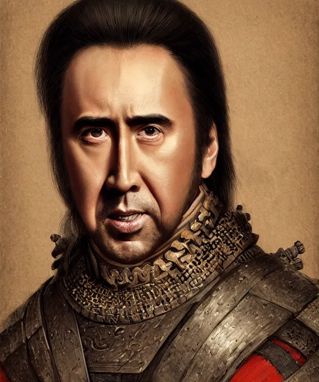 Image similar to Portrait of Nicolas Cage as a samurai from the warring states era Japan, highly detailed, digital painting, artstation, concept art, smooth, sharp focus, illustration by Artgerm and Greg Rutkowski and Tom Bagshaw