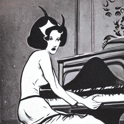 Prompt: vintage beautiful woman with devil horns, wearing an black dress and sitting in an piano, retro cartoon