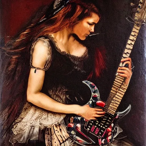 Prompt: Goth girl playing electric guitar by Mario Testino, oil painting by Tintoretto