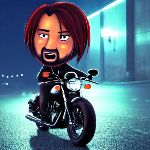 Image similar to chibi john wick riding a sports motorbike at night, movie still, 4 k