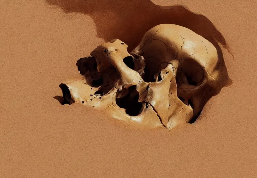 Image similar to close shot of a human skull buried in the sahara desert sand, a realistic digital painting by greg rutkowski and james gurney, trending on artstation, highly detailed