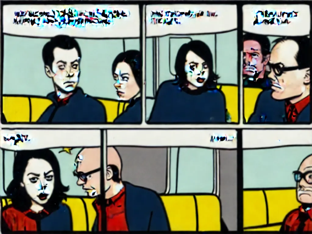 Image similar to a single comic panel by Daniel Clowes, 3/4 low angle view wide shot of two people sitting in an empty Chicago subway train, in front of windows: a sad Aubrey Plaza in a parka and a friendly Mads Mikkelsen in a suit