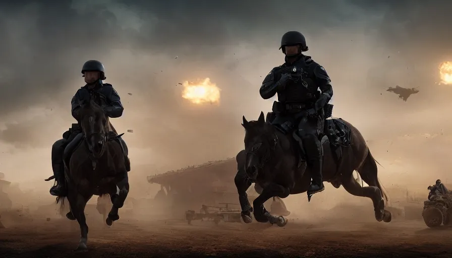 Prompt: police riding a militarized horse through an orwellian town, troops searching the area, action scene, an epic fantasy, dramatic lighting, cinematic, establishing shot, extremely high detail, photorealistic, cinematic lighting, artstation, octane render, by Christopher Nolan, horizon forbidden west